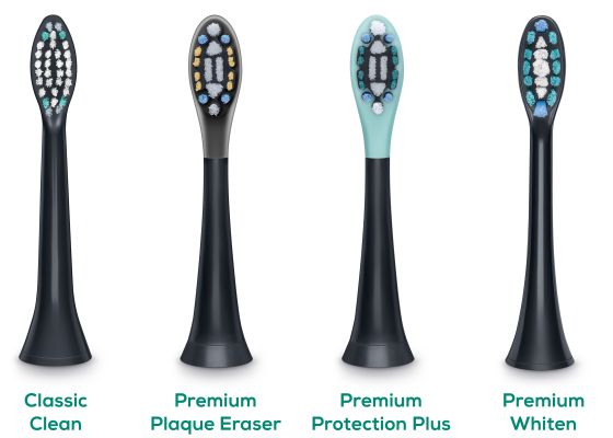 The image shows the four brush head models: ‘Classic Clean’, ‘Premium Whiten’, ‘Premium Protection Plus’ and ‘Premium Plaque Eraser’.