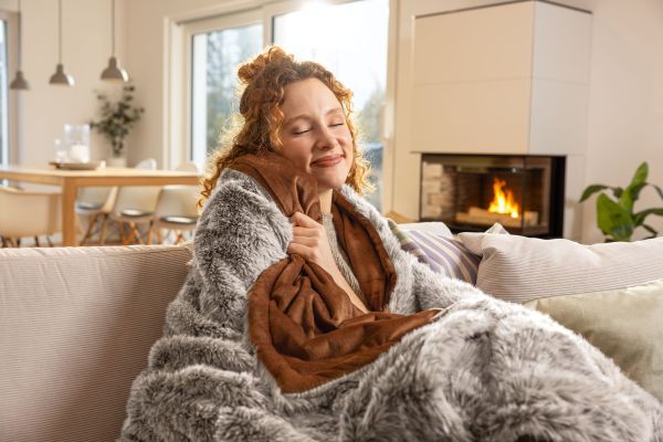 Eine rothaarige Frau sitzt in die Wärmezudecke HD 92 Arctic eingekuschelt auf einem Sofa.