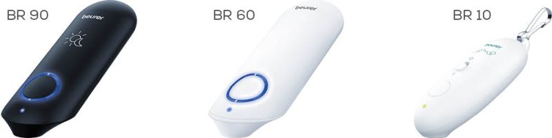 Representación de tres diferentes calmadores de picaduras de insectos Beurer: BR 90, BR 60, BR 10
