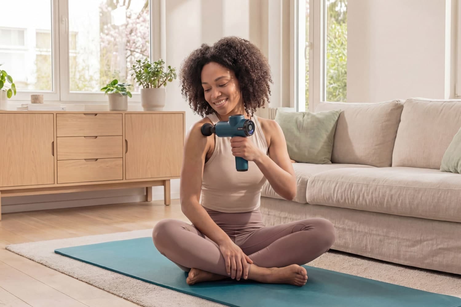 Une femme est assise dans son salon sur un tapis de yoga et se masse l'épaule avec le pistolet de massage Beurer.