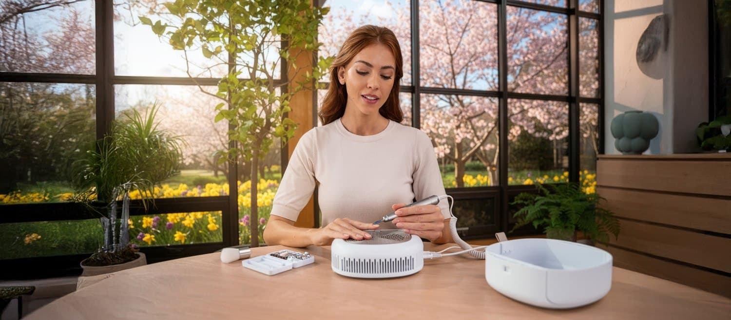 Une femme est assise dans sa véranda et se fait les ongles avec l'appareil de manucure MP 200