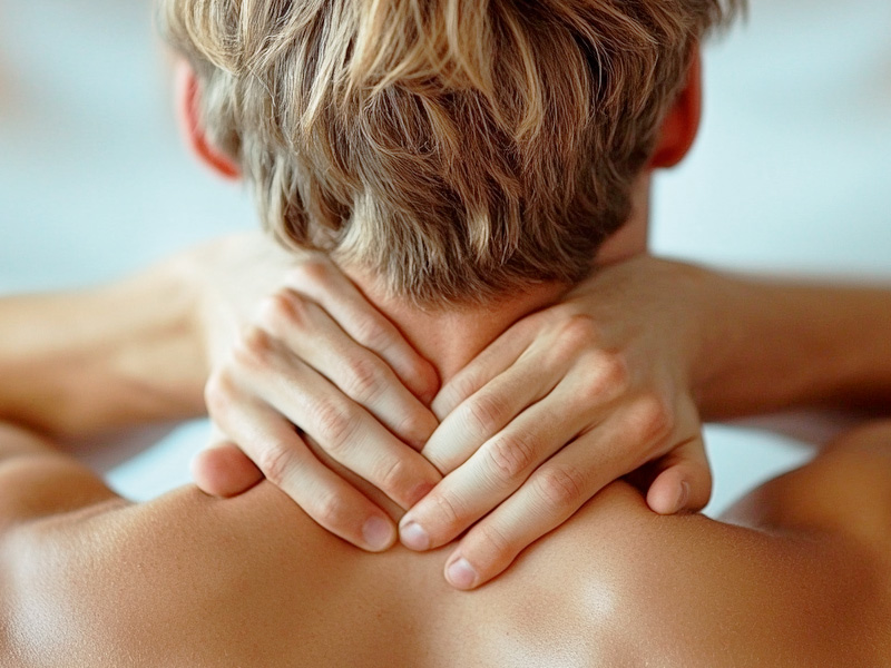Vista posteriore di un uomo con capelli chiari e senza maglietta. Si tocca il collo con entrambe le mani